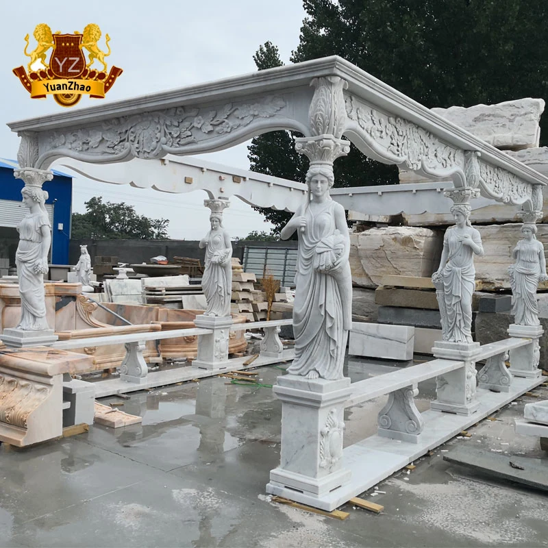 Garden Stone Gazebos White Marble Carving Gazebos with Lady Statues Column Pavilion