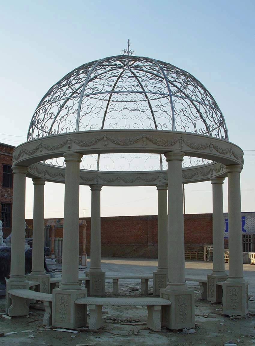 Factory Custom Outdoor Garden Decor Large Metal Roof Stone Carved White Marble Gazebo