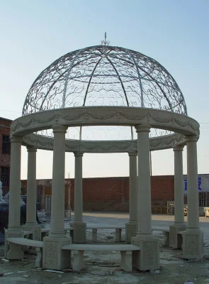 Gazebo de mármol blanco tallado en piedra de techo de metal grande con decoración de jardín al aire libre personalizado de fábrica