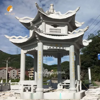 Gazebo chino grande personalizado de mármol natural blanco, pabellón octogonal de doble capa