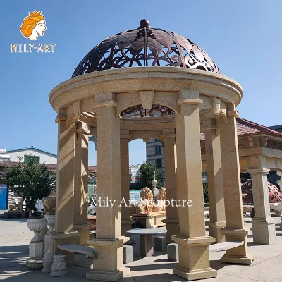 Gazebo exterior de columna de granito grande con pabellón de piedra superior de hierro para jardín