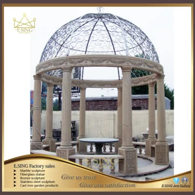 Venta caliente Gazebo de columna romana de granito amarillo oxidado Gazebo de piedra de granito al aire libre con techo de metal Decoración de jardín Gazebo al aire libre