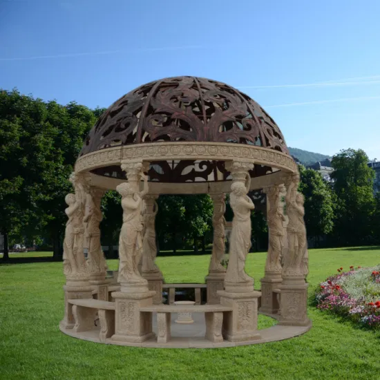 Escultura de material de construcción de mármol y granito marrón, cenador de jardín con cúpula de cobre